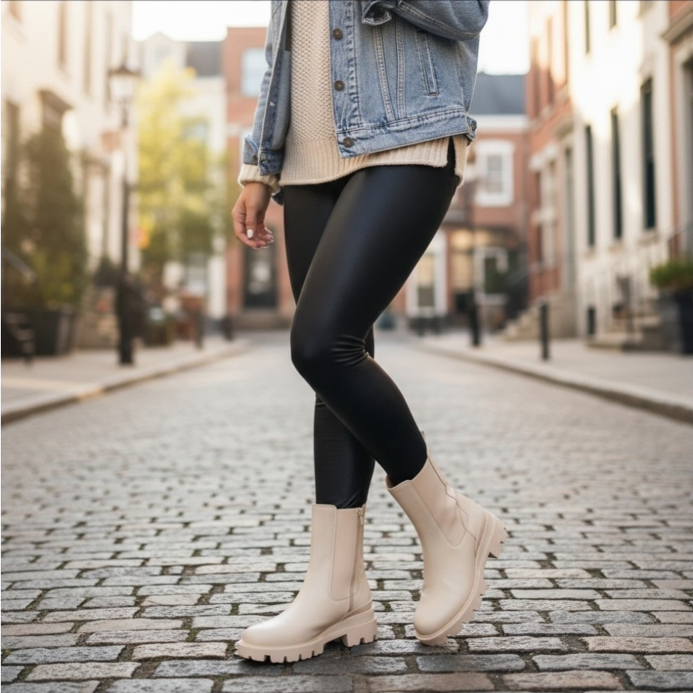 Sam Edelman Water Repellent LEATHER Combat Chelsea Boots Booties 7 M Ivory White